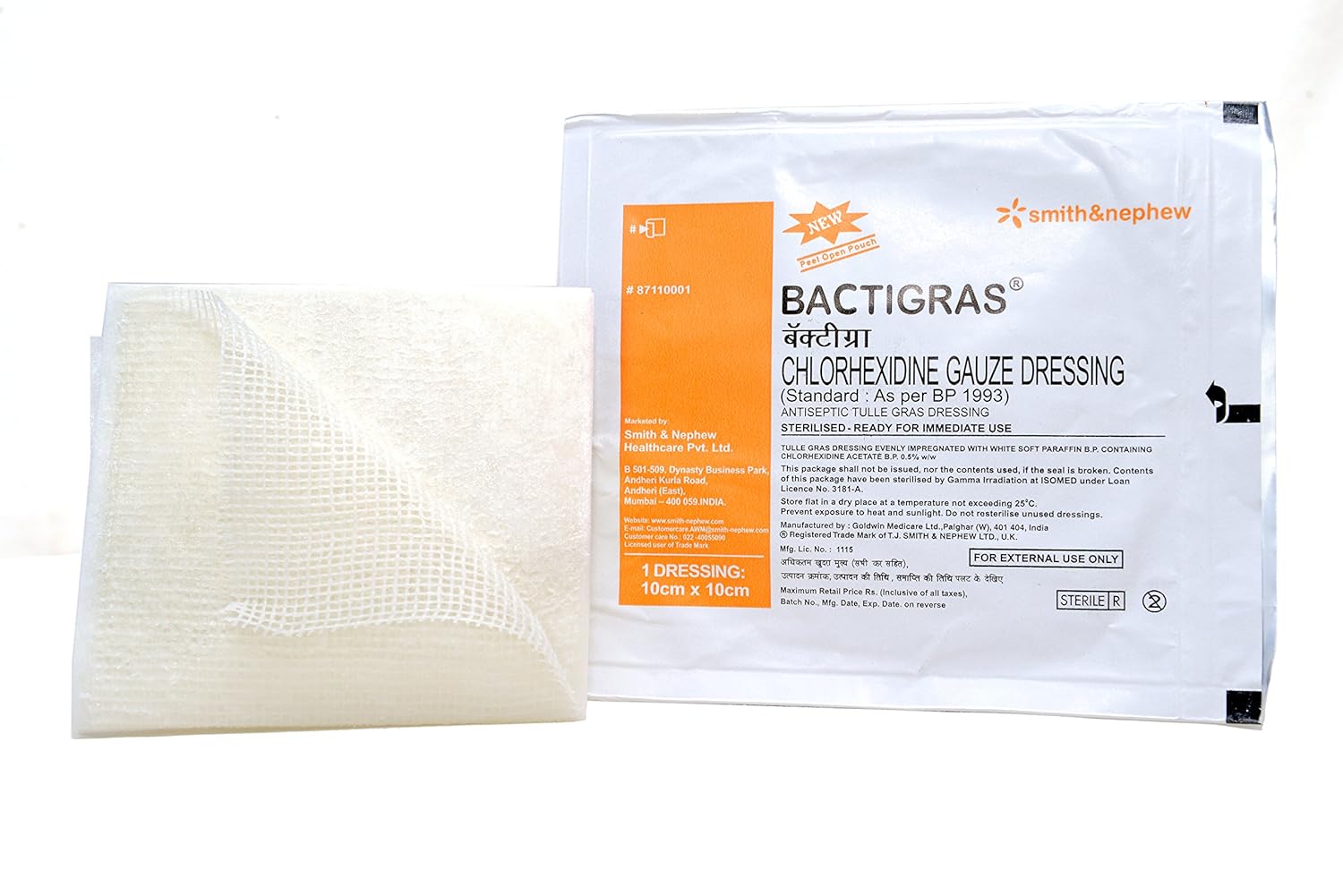 Bactigras Chlorhexidine Gauze Dressing 10cm x 10cm(Smith & Nephew)